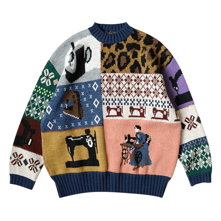 Kapital Kurogane Mishin Patchwork Crew Sweater "Navy"