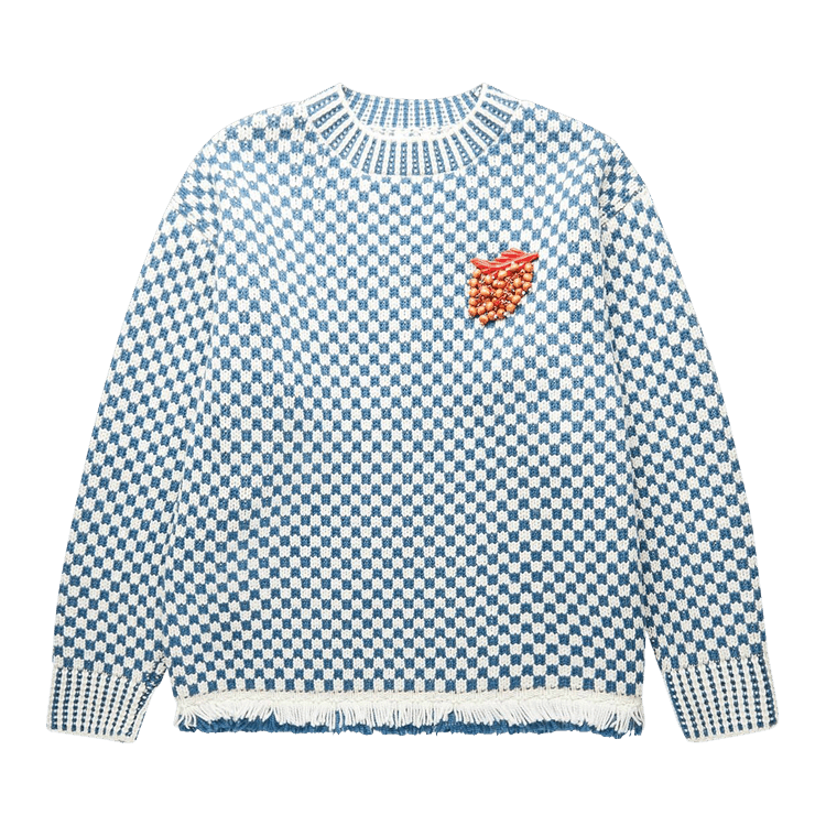 Bode Fringe Check Pullover "Blue/Cream"
