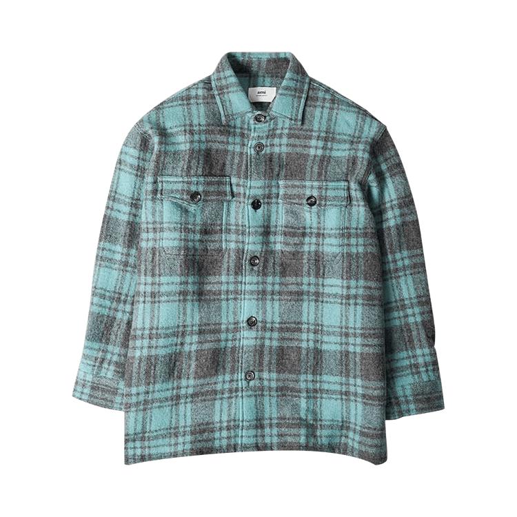 Ami Plaid Wool Shirt Jacket "Aqua Marine/Mineral Grey"