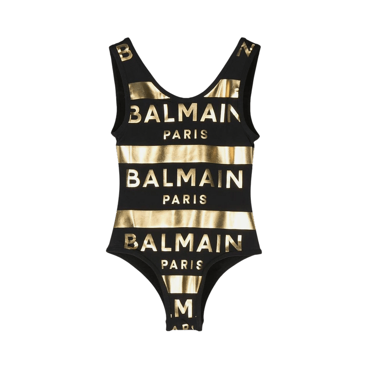 Balmain Kids Logo Printed Low Back Swimsuit "Black"