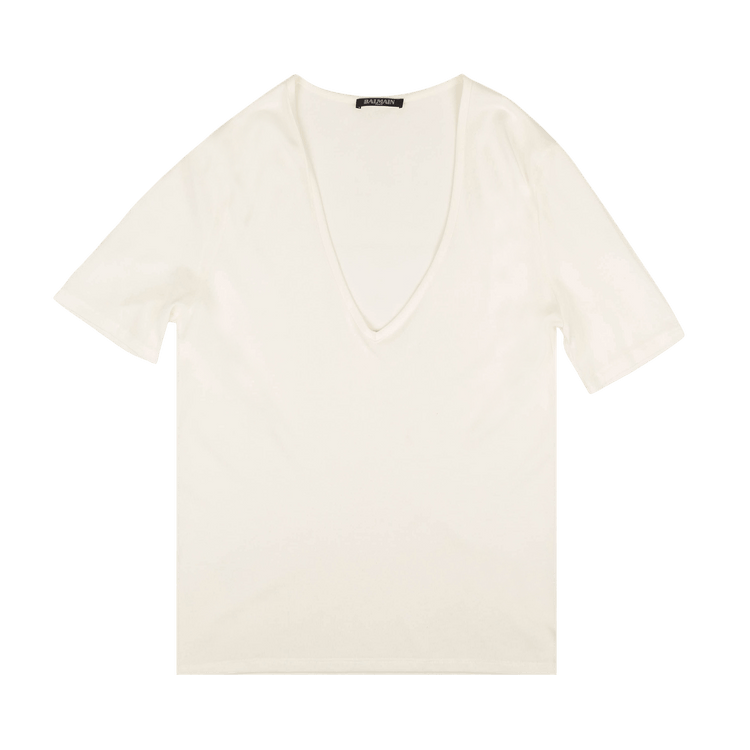 Balmain Short-Sleeve V Neck Knit Top "White"