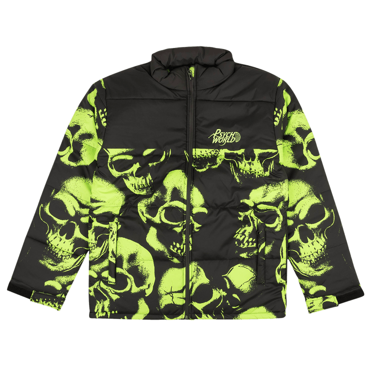 Psychworld Skull Print Puffer Jacket "Black/Lime Green"