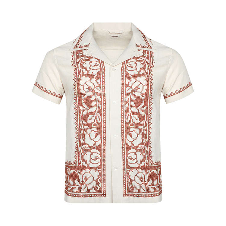 Bode Cross Stitched Rose Garland Short-Sleeve Shirt "Brown/White"
