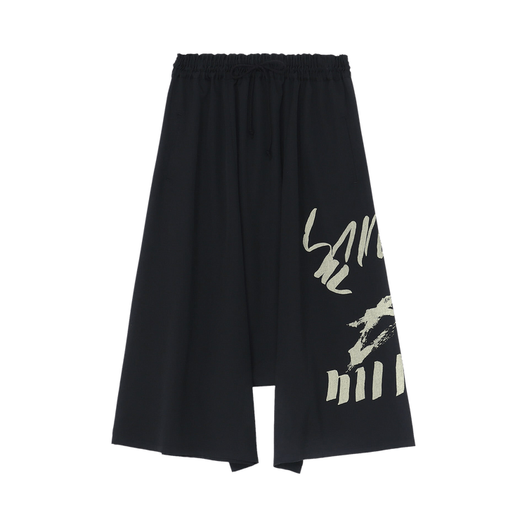 Y's Wool Gabardine Test-Drawing Printed Gathered Pants 'Black'