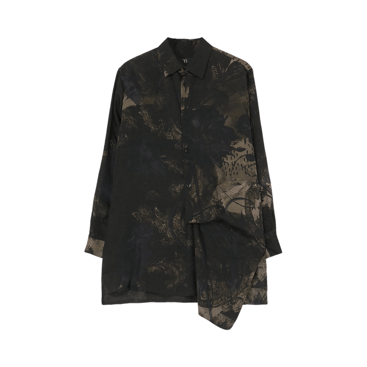 Y's Cupro Twill Ethnic Flower Print Long-Sleeve Blouse 'Khaki'