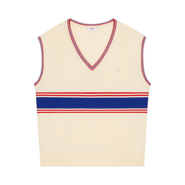 CELINE Pull Sans Manches Triomphe "Ecru/Blue/Red"