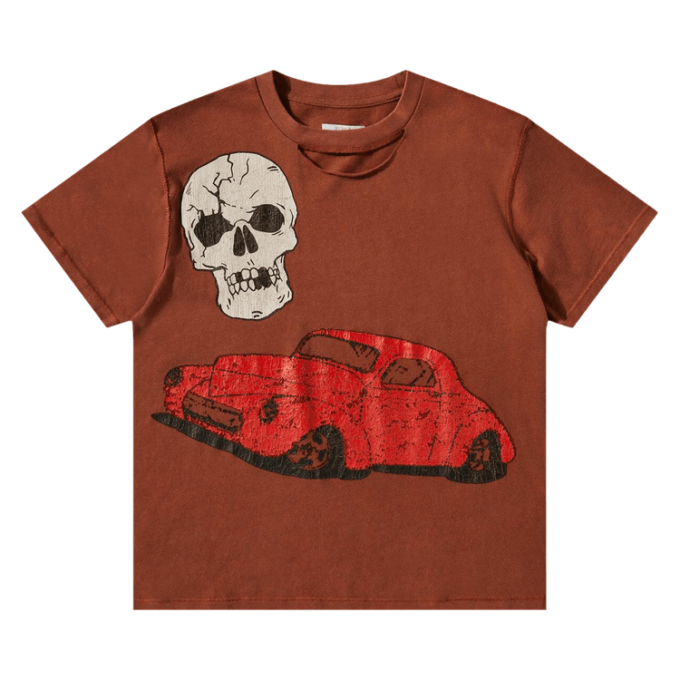 ERL Ripped Collar Skull Red Car T-Shirt "Brown"