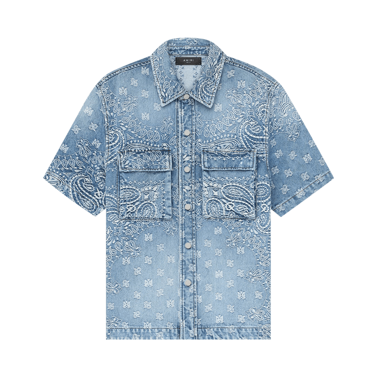 Amiri Bandana Jacquard Snap Short-Sleeve Shirt "Perfect Indigo"