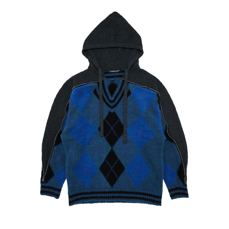 Y/Project Zip Insert Hood Pullover "Blue/Grey Argyle"