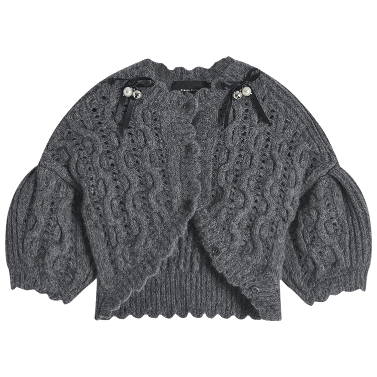 Simone Rocha Beaded Bell Charm Lace Stitch Chunky Knit Cardigan "Grey/Pearl/Silver"