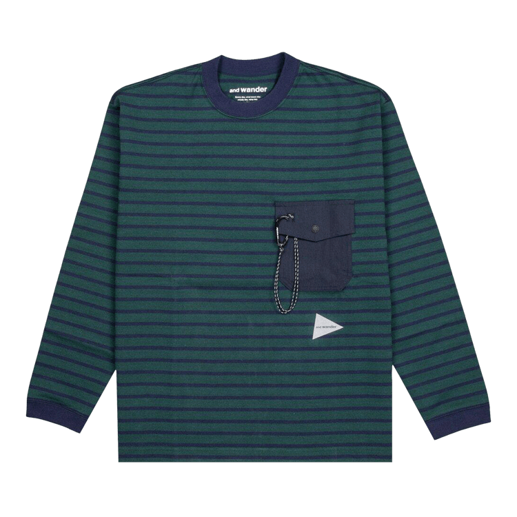 And Wander Stripe Pocket Long-Sleeve Tee "Green"