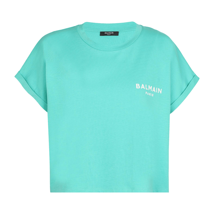 Balmain Logo Printed Cropped T-Shirt "Water Green/White"