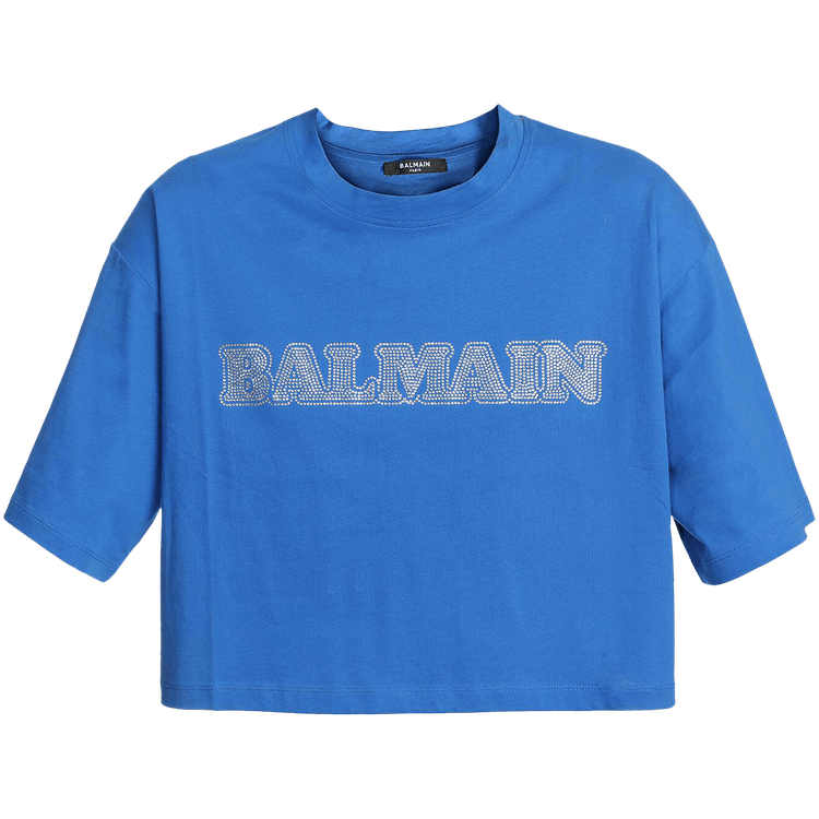 Balmain Cropped Rhinestone T-Shirt "Cobalt/Crystal"