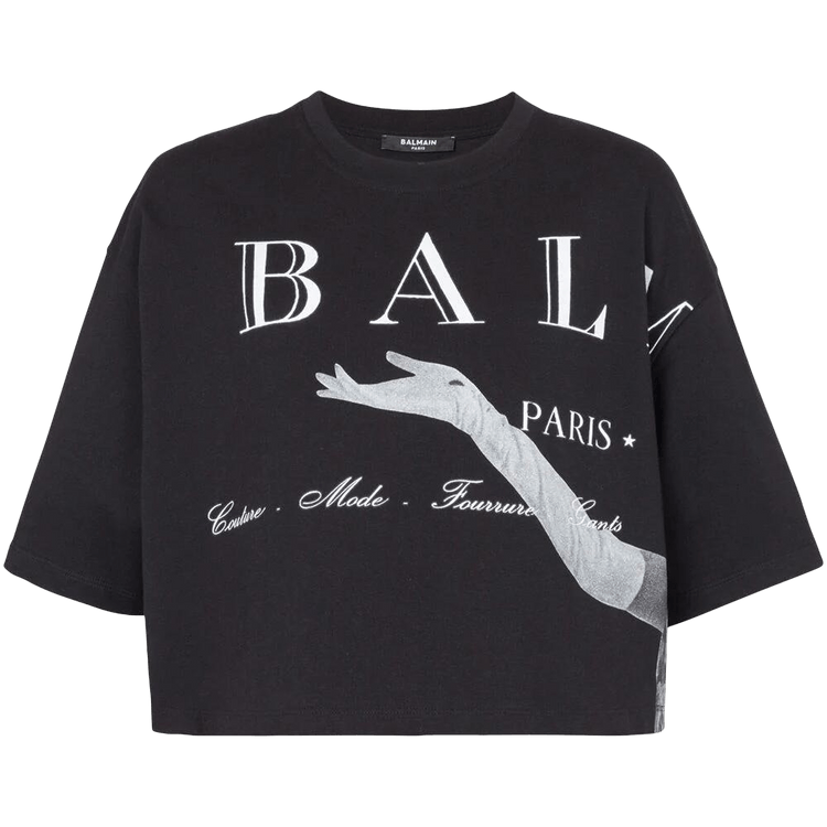 Balmain Jolie- Madame Print Cropped T-Shirt "Black/Multicolor Grey"