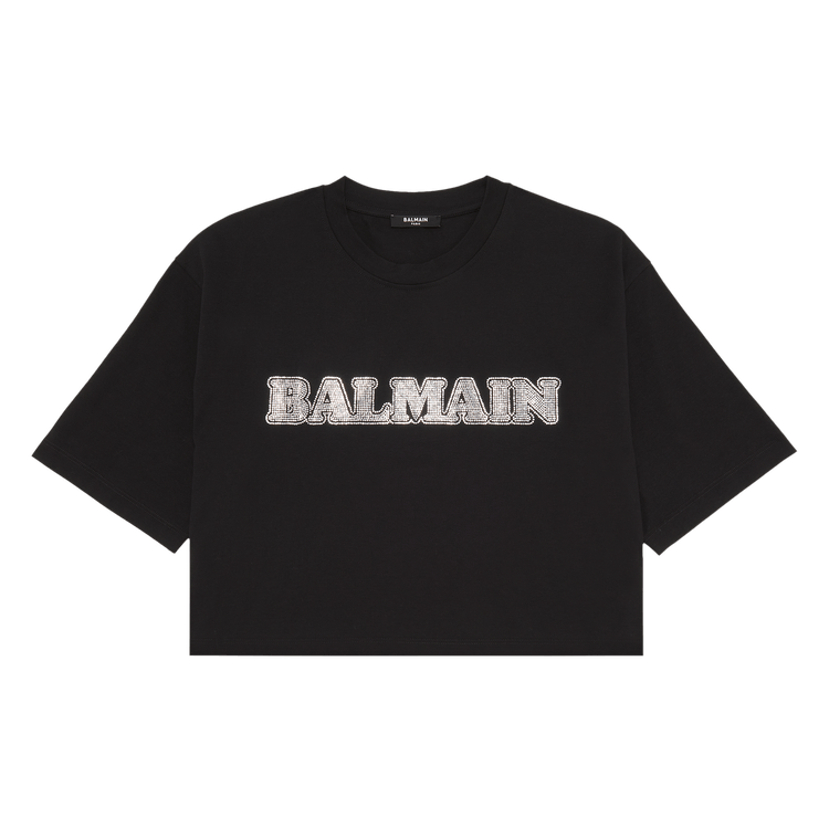 Balmain Cropped Rhinestone T-Shirt "Black/Crystal"