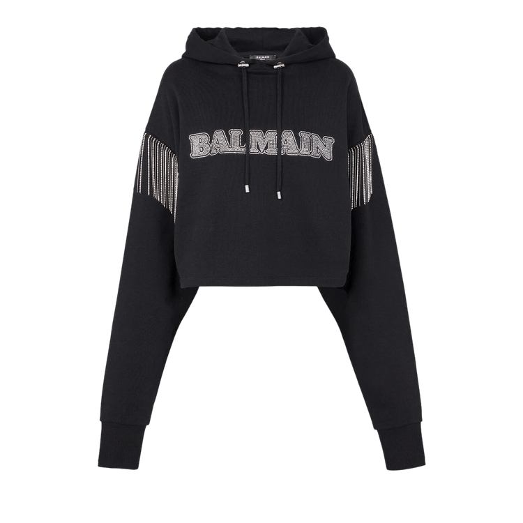 Balmain Embellished Cropped Hoodie "Black/Crystal"