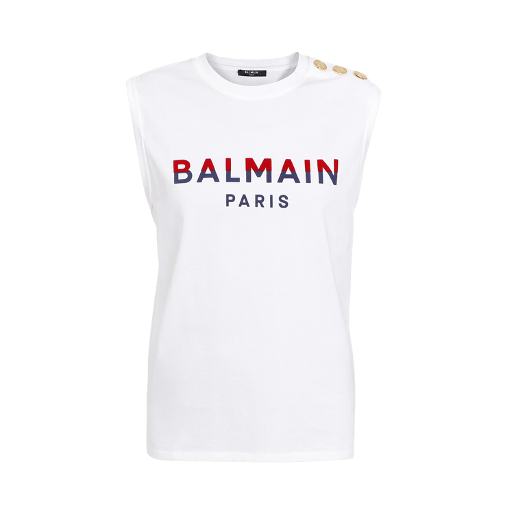 Balmain Flocked Logo Tank Top "White/Bright Red/Navy"
