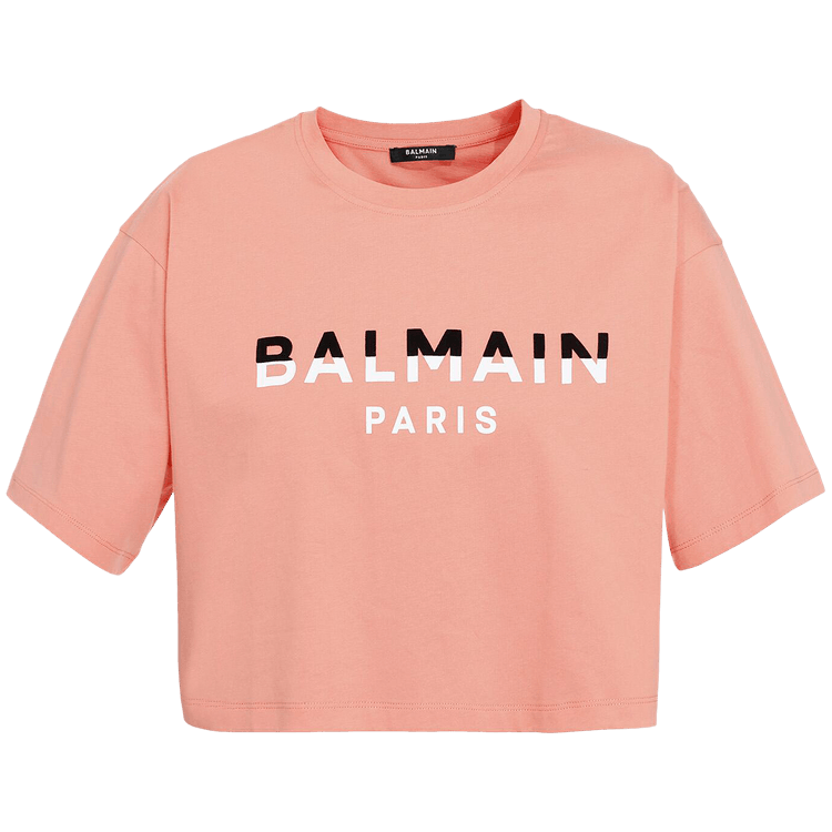 Balmain Flocked Logo Cropped T-Shirt "Salmon/Black/White"