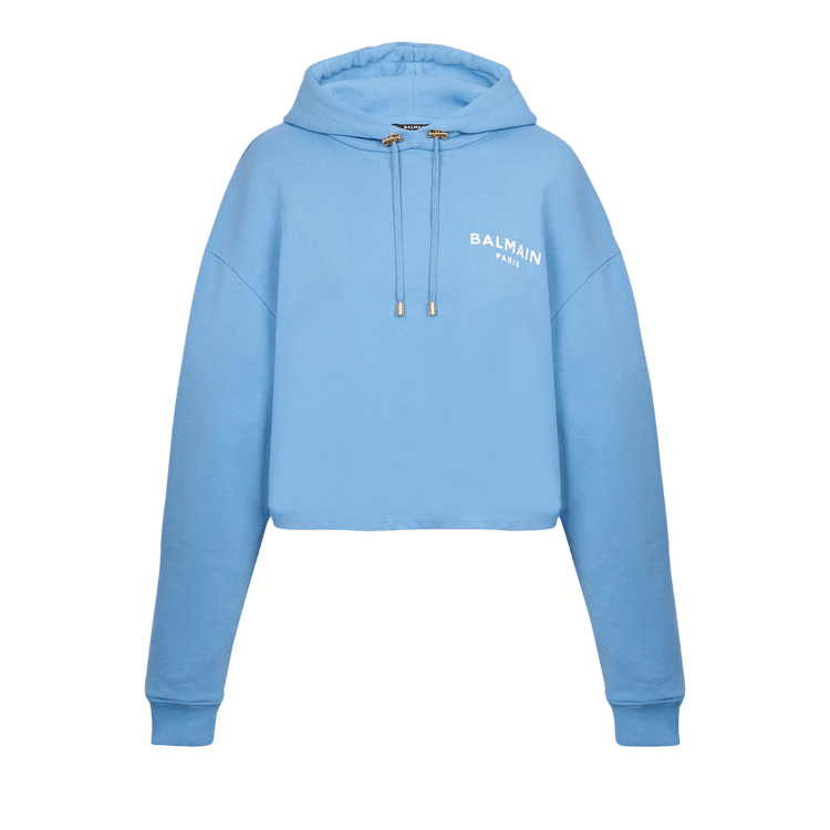 Balmain Flock Detail Cropped Hoodie "Pale Blue/Natural"