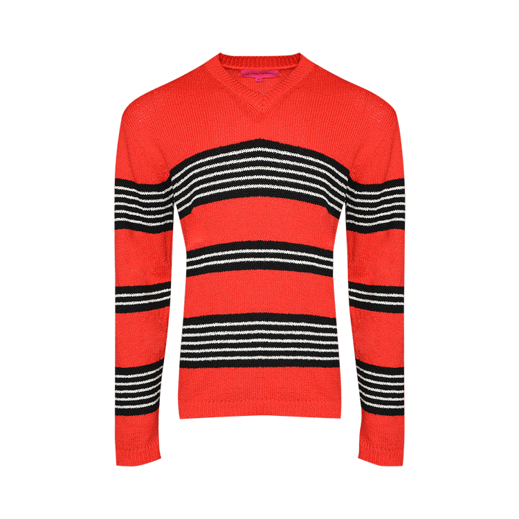 The Elder Statesman Nora Rollie Stripe V-Neck "Neon Red/Black/Natural"