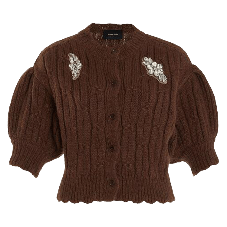 Simone Rocha Embellished Cropped Chunky Knit Cardigan "Chocolate/Clear"