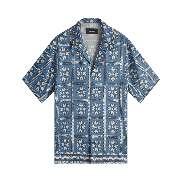 Nahmias Tiled Short-Sleeve Silk Shirt "Blue"