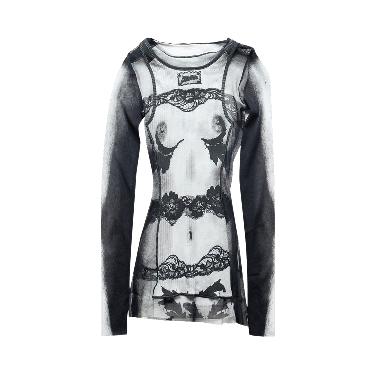 Jean Paul Gaultier Body Lace Mariniere Printed Mesh Top "Black"
