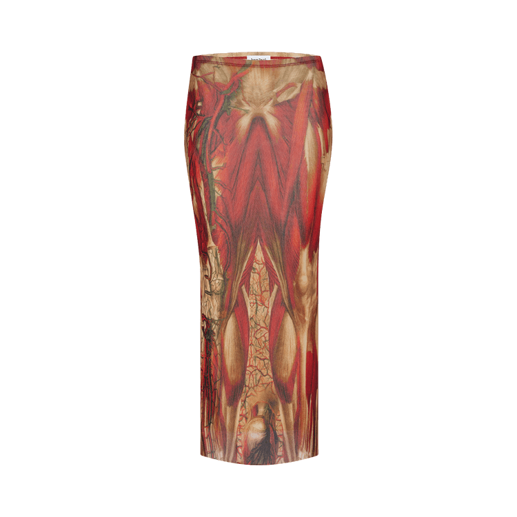 Jean Paul Gaultier Ecorche Mesh Printed Long Skirt "Red/Orange/Green"
