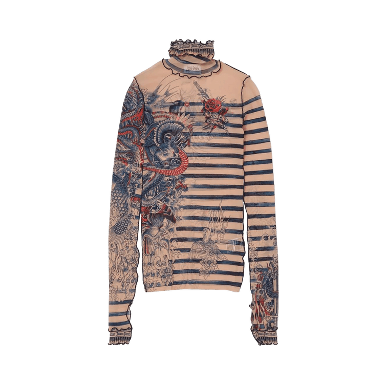 Jean Paul Gaultier Tattoo High Neck Long-Sleeve Top "Nude/Blue/Red"