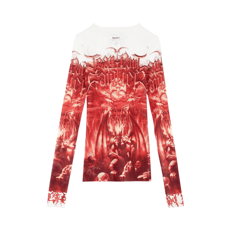 Jean Paul Gaultier Mesh Long-Sleeve Printed Diablo Top "White/Red"