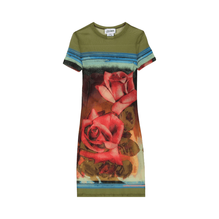 Jean Paul Gaultier Roses Mesh Short-Sleeve Dress "Green/Red/Blue"