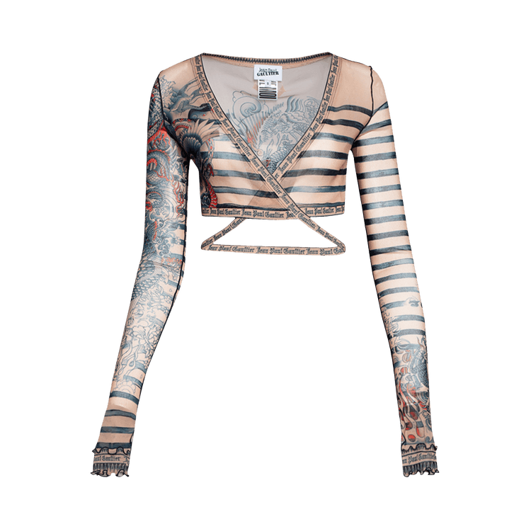 Jean Paul Gaultier Mariniere Tattoo V-Neck Long-Sleeve Top "Nude/Blue/Red"