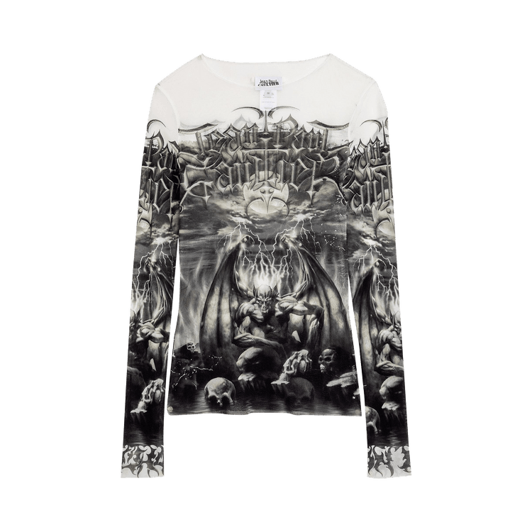 Jean Paul Gaultier Mesh Long-Sleeve Printed Diablo Top "White/Black"