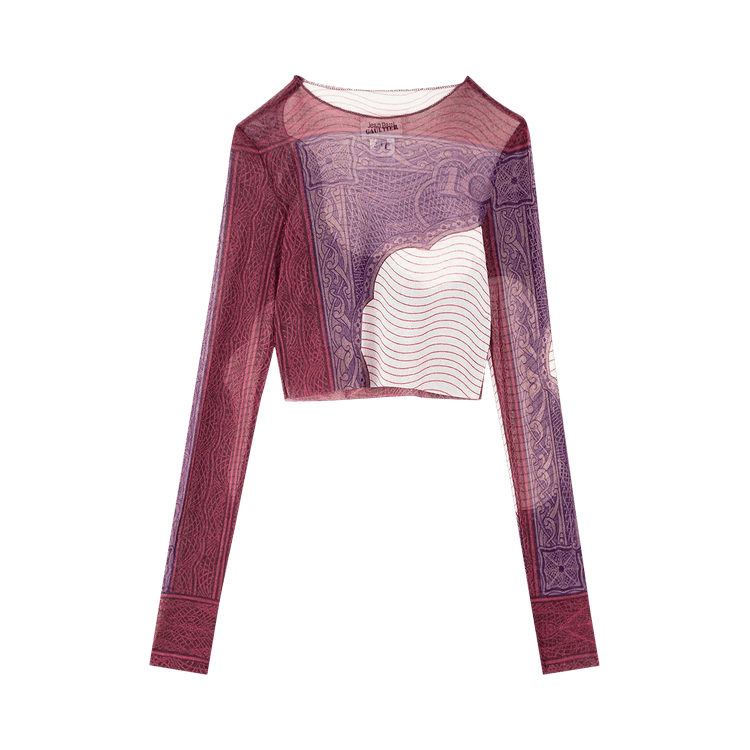 Jean Paul Gaultier Cartouche Printed Crewneck Long-Sleeve Crop Top "Red/White/Burgundy"