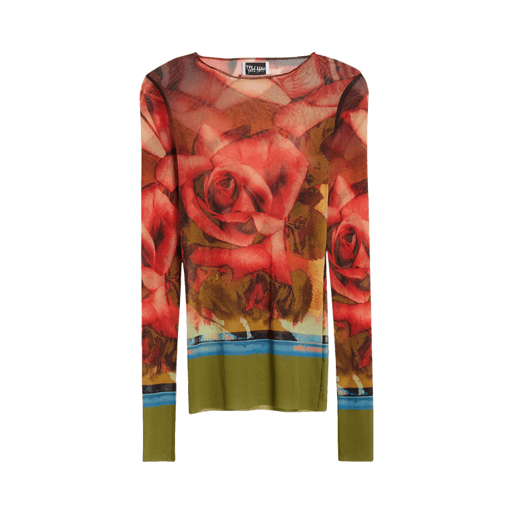 Jean Paul Gaultier Roses Mesh Long-Sleeve Top "Green/Red/Blue"