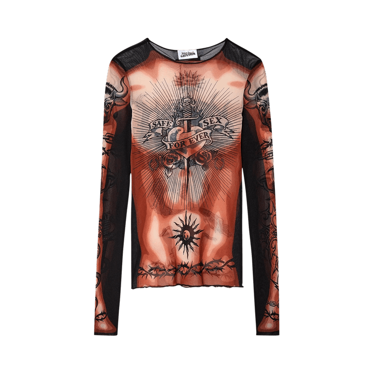 Jean Paul Gaultier Printed Safe Sex Tattoo Long-Sleeve Crewneck Top "Nude/Brown/Black"