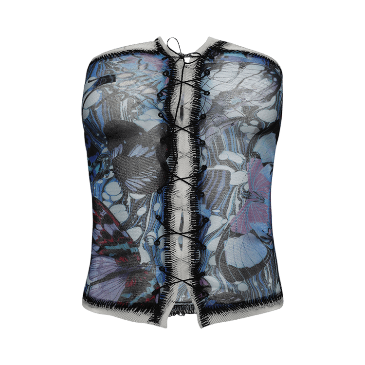 Jean Paul Gaultier Papillon Mesh Lacing Detail Bustier Top "Blue/Multicolor"