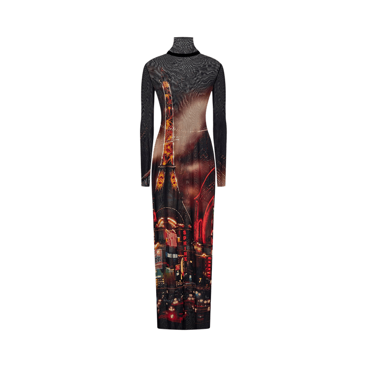 Jean Paul Gaultier Printed Pigalle Turtleneck Mesh Long Dress "Black/Red/Orange/Blue"