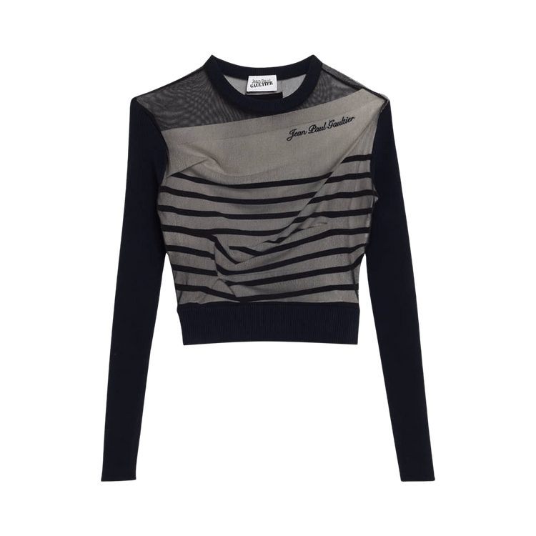 Jean Paul Gaultier Mesh Layer Crewneck Ribbed Mariniere Pullover "Navy/White/Black"