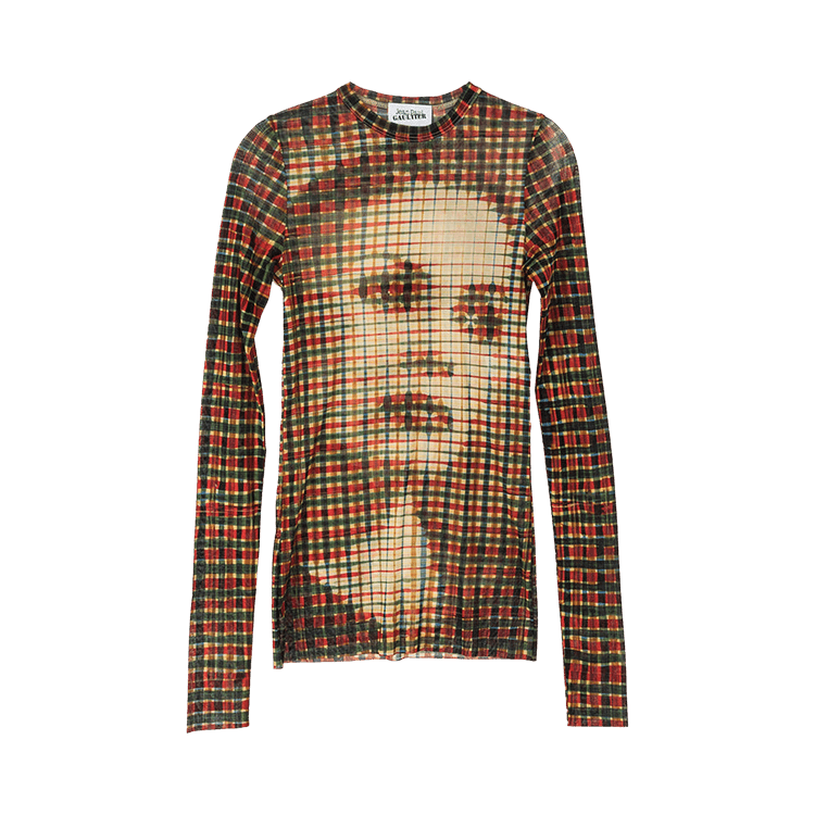 Jean Paul Gaultier Printed Tartan Face Mesh Long-Sleeve Top "Sepia/Yellow/Blue/Red"