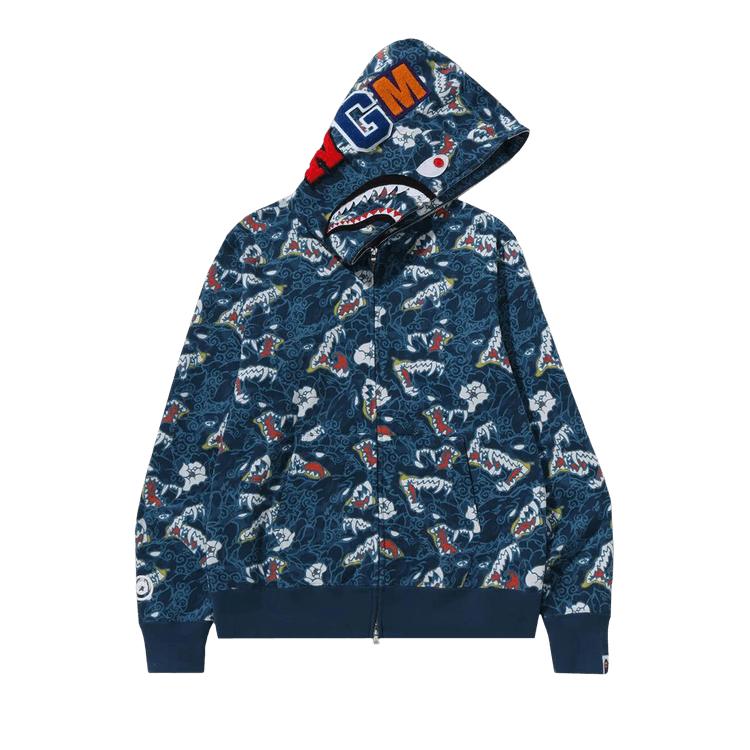 BAPE Japanese Tattoo Camo Shark Fz Hoodie "Blue"