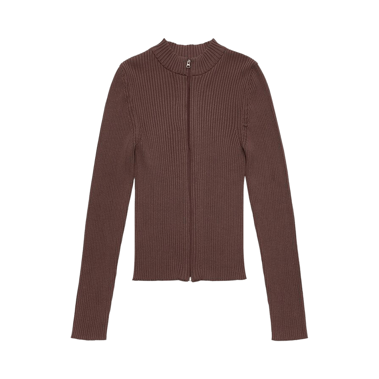 Amomento Ribbed Mock Neck Cardigan "Brown"