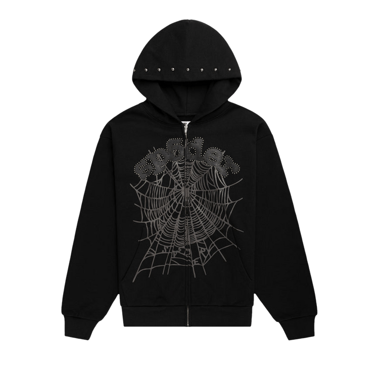 Sp5der OG Web Studded Zip Hoodie "Black"