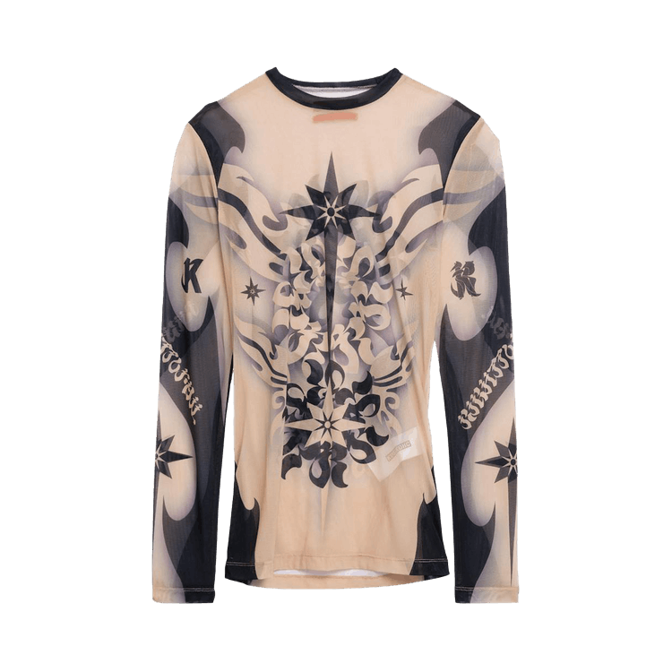 KUSIKOHC Tattoo Graphic Long-Sleeve Mesh Tight Top "White"