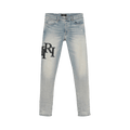 Amiri Staggered Logo Skinny Jean "Antique Indigo/Black"