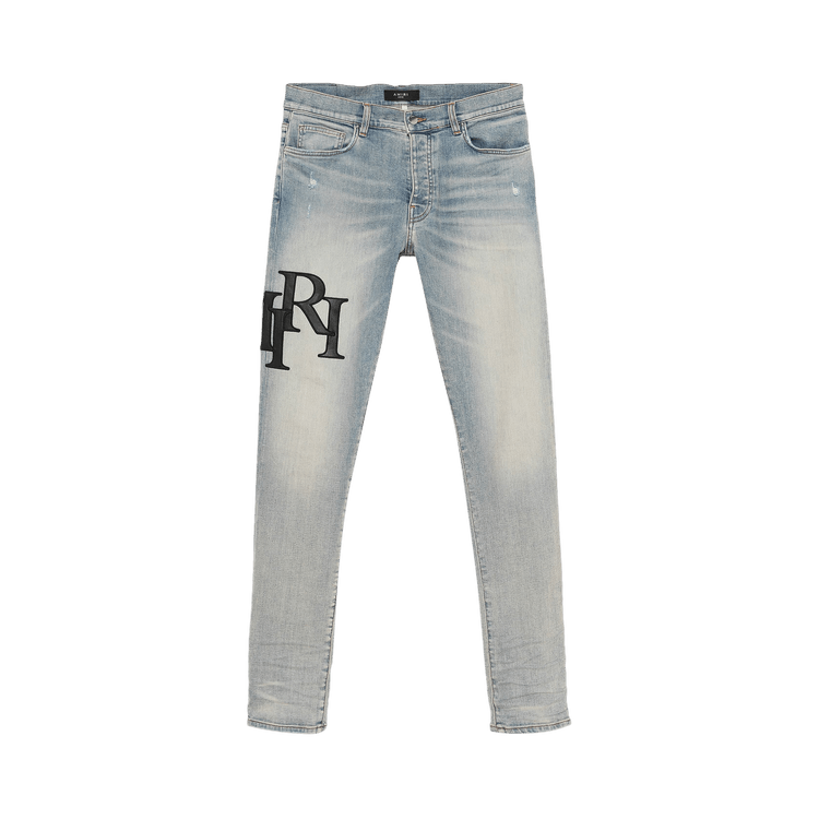 Amiri Staggered Logo Skinny Jean "Antique Indigo/Black"