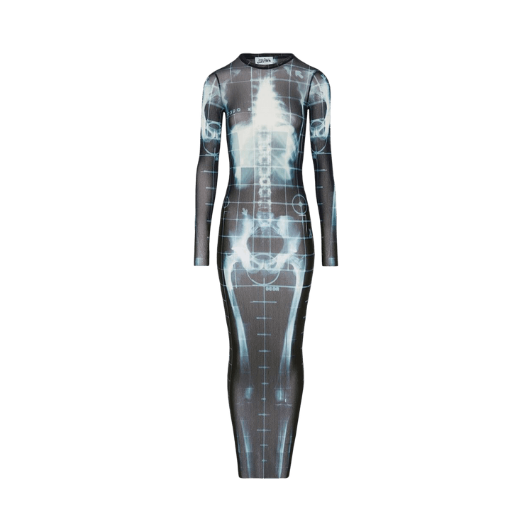 Jean Paul Gaultier Printed Squeletor Mesh Long Dress "Black/Navy/Lightblue"