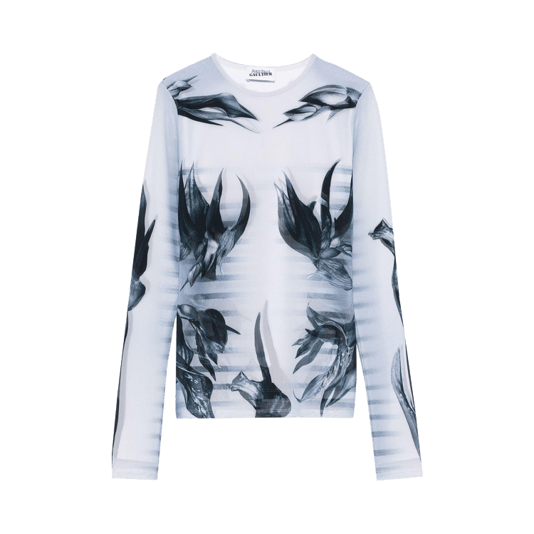 Jean Paul Gaultier Printed Flower Body Morphing Mariniere Mesh Long-Sleeve Top "White/Grey/Black"