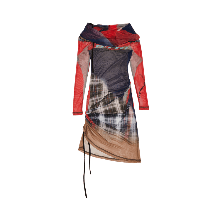 Ottolinger Mesh Off-Shoulder Mini Dress "Surf Plaid Print"