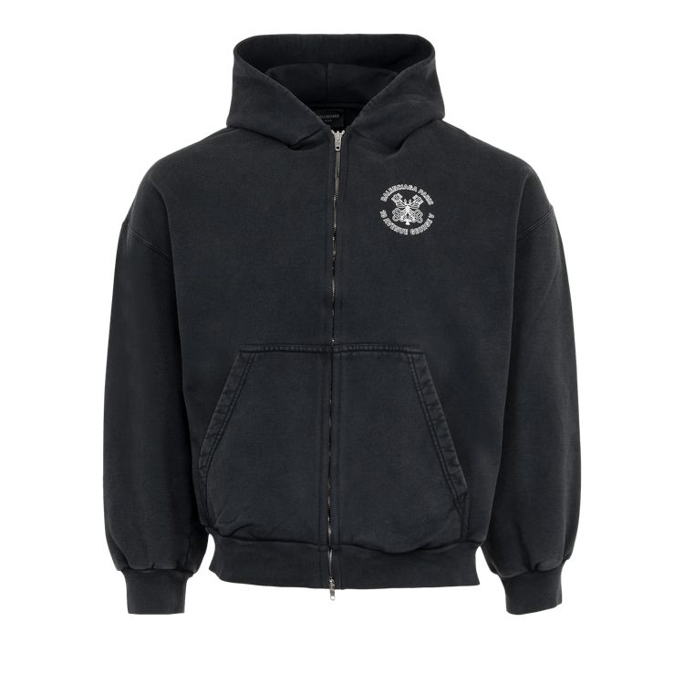 Balenciaga Paris Zip Front Hoodie "Faded Washed Black/White"